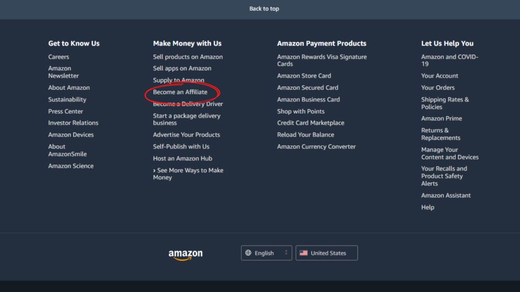 Amazon home page footer