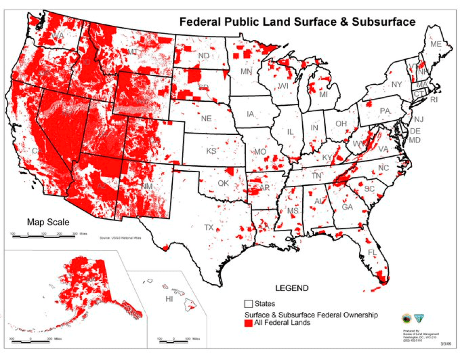 map of federal ownership of public land surface and subsurface
